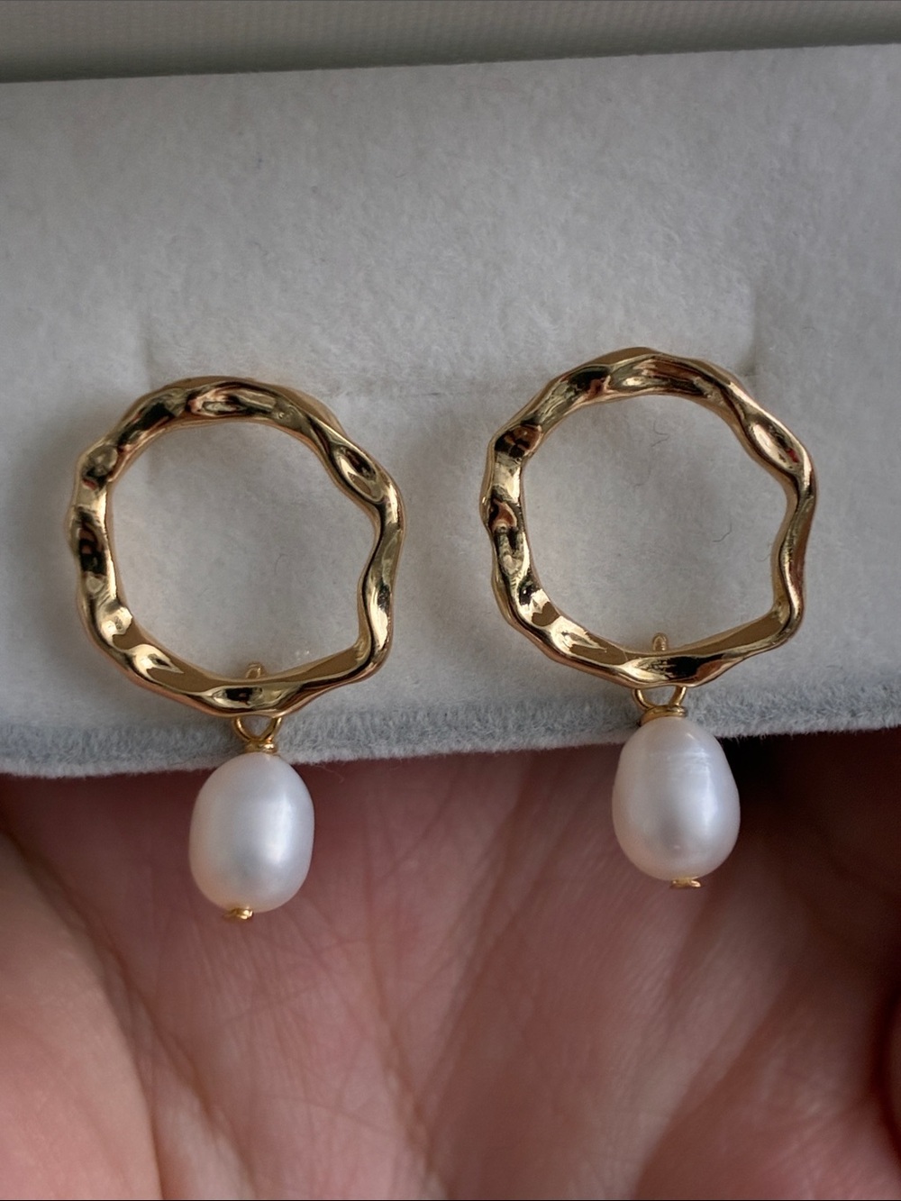 Organic Gold Hoop Earrings with White Freshwater Pearls
